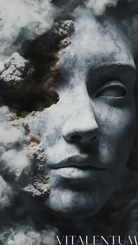 Cracked stone face eroding into drifting smoke and void.