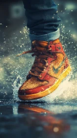 High-speed splash capture of red leather sneaker in rain puddle