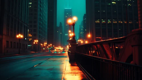 Moody neon-lit city bridge glows in the evening rain.