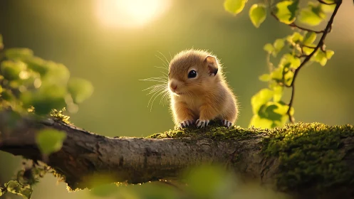 Backlit dormouse perched on mossy branch in golden bokeh forest