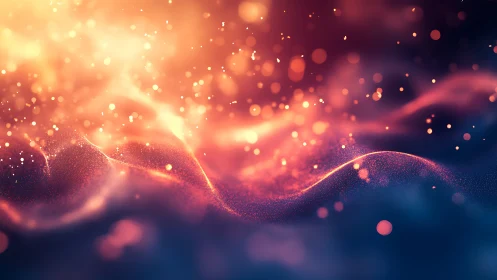 Digital painting of luminous particle waves in warm spectrum.