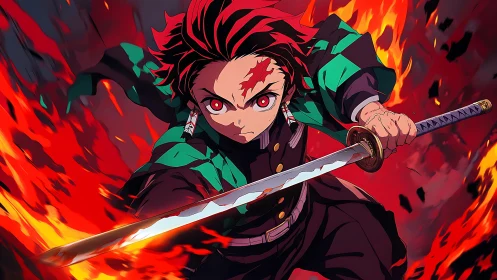 Fiery anime swordsman charges forward with blazing resolve