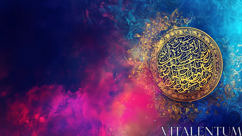 Circular Arabic calligraphy emblem overlays multicolor nebula