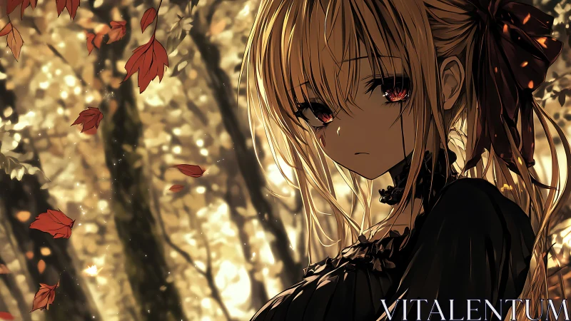 Melancholy autumn girl beneath a storm of ember leaves.