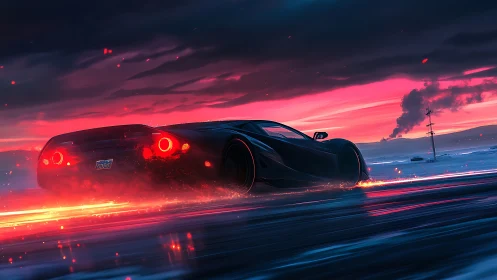 Black supercar accelerates across neon-lit winter highway