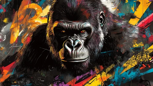 Gorilla portrait emerges through explosive abstract graffiti color