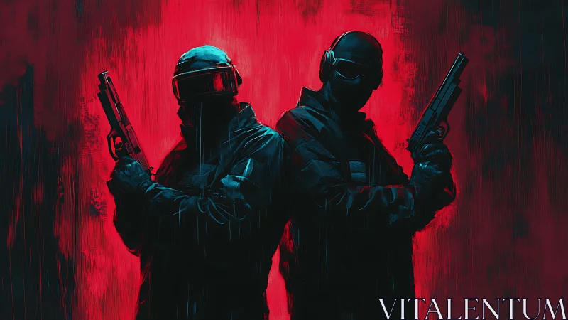 Two armed tactical figures stand back to back in red light