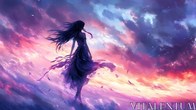 Solitary girl drifts through a luminous, dreamlike skyscape.