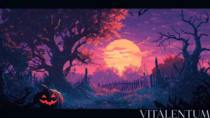 Jack o lantern glows beside haunted forest path at sunset