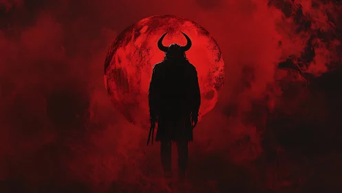 Shadowed horned wanderer stands before a burning red moon