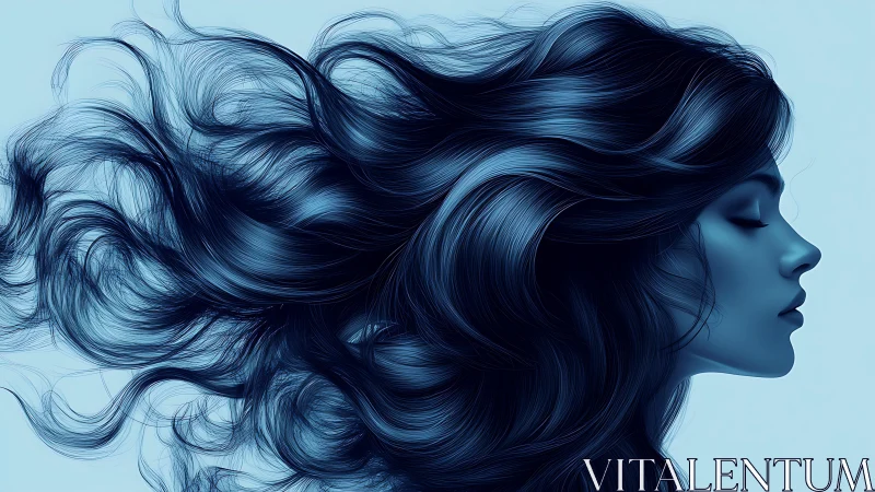 Profile portrait shows flowing blue hair in sculpted motion.