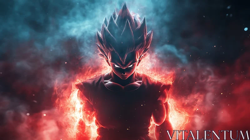 Silhouetted spiky-haired fighter in red and blue energy field.