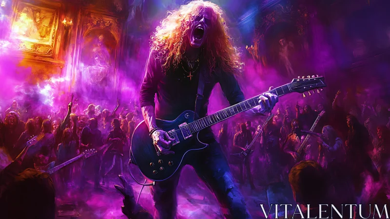 Long-haired guitarist performs on stage before dense crowd