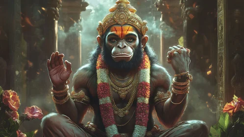 Divine monkey deity sits in ornate temple with floral garland