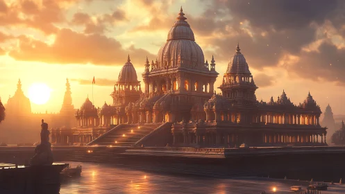 Sunlit domed temple complex in luminous golden haze.