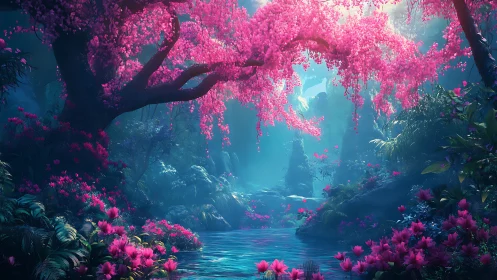 Enchanted pink blossom grove embracing a tranquil blue river.
