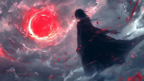 Lone wanderer beneath a swirling crimson magic sky.