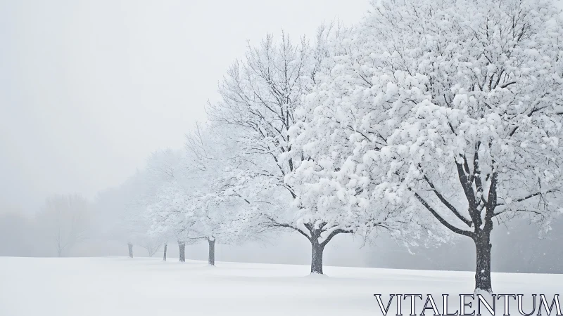 Silent winter grove aligned in soft white horizon fog.