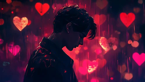 Silhouetted youth stands amid neon hearts and blurred light