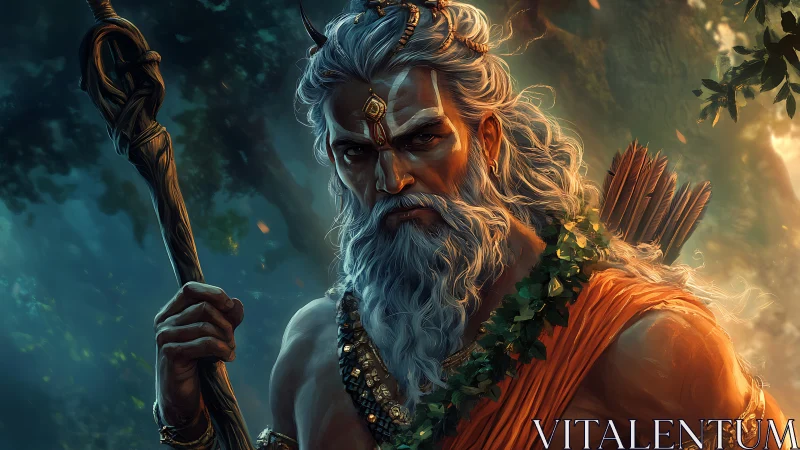 Forest warrior sage holds staff under burning dusk light.