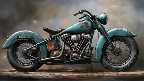 Weathered teal vintage motorcycle rendered in photoreal detail