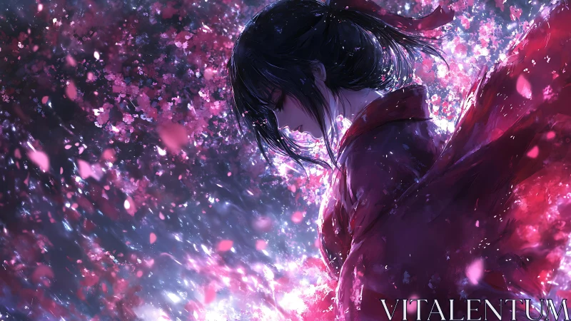 Petalstorm samurai girl drifting through twilight bloom.