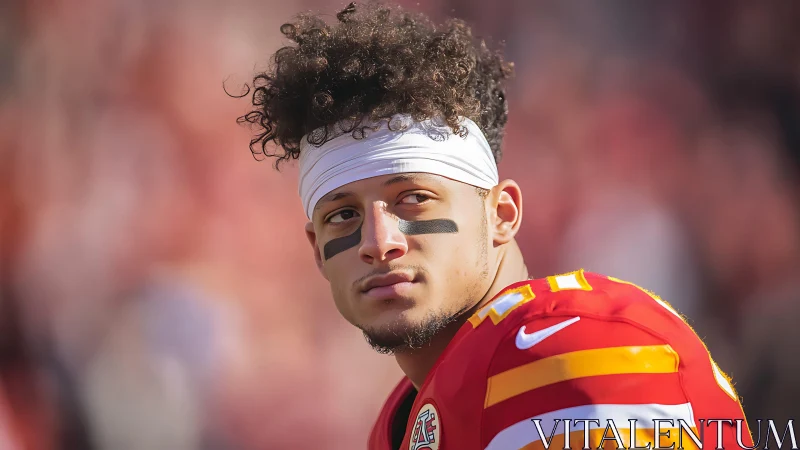 American football player in red uniform observed in warm sideline light