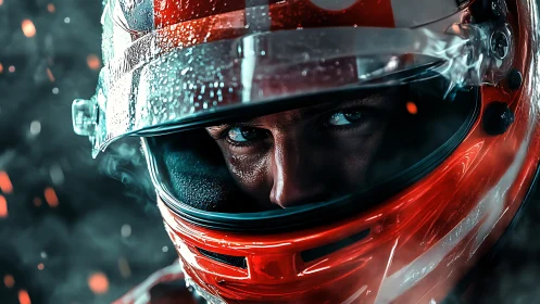 Racing driver’s piercing eyes burn behind glossy helmet.