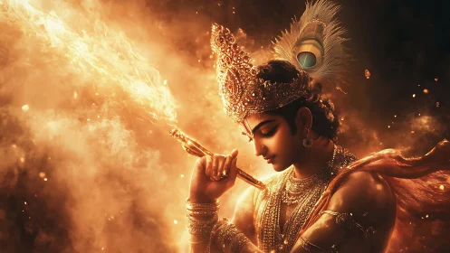 Flame crowned divine warrior in luminous celestial blaze.