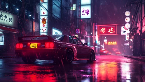 Modified coupe on wet neon street in nighttime cityscape.