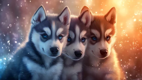 Tri-color husky puppies in shallow depth bokeh light field