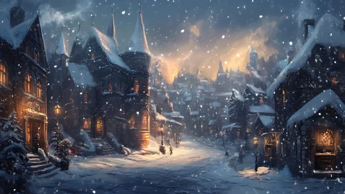 Snowlit village glows like a storybook ember in winter dusk