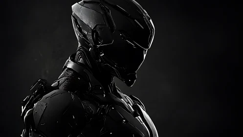 Stealth combat exosuit rendered with high-gloss black armor and hard rim lighting