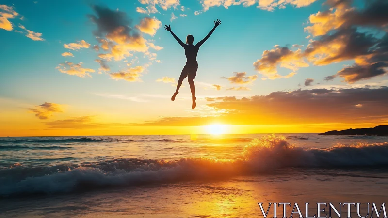 Silhouette leaps above sunlit waves in a glowing ocean sunset