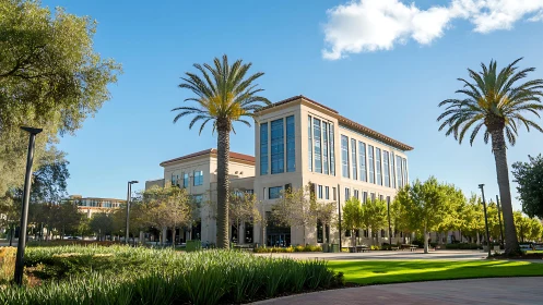 Contemporary corporate campus architecture in landscaped sunlight.