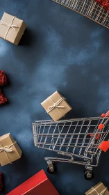 Gift boxes orbit a chrome cart on deep blue shopping skies