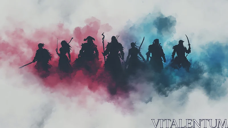 Silhouetted warriors in red and blue atmospheric mist.