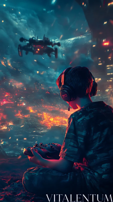 Young gamer gazes into a glowing sci fi battle skyline