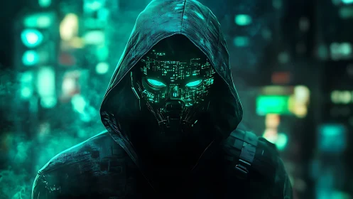 Hooded cybernetic infiltrator with luminous circuit mask poised.