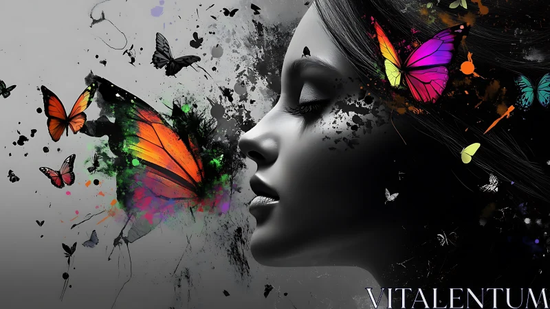 Digital portrait with butterflies and ink-like color bursts.