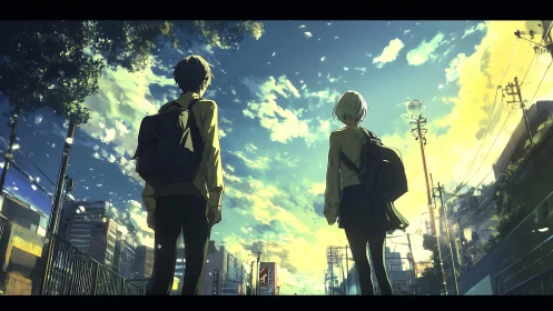 Two students on urban street under expansive evening sky.