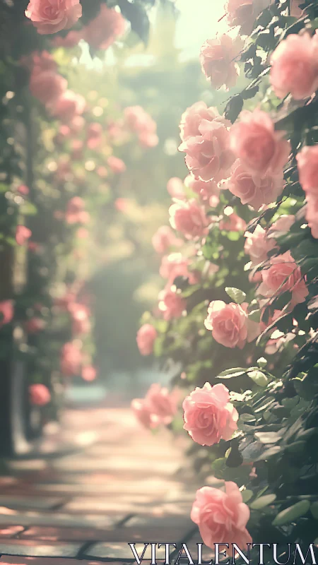 Pink Rose Garden Pathway with Diffused Light Through Foliage