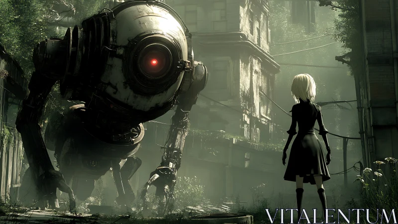 Post-apocalyptic android vs mech in overgrown cityscape staging.