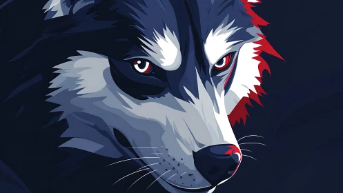 Stylized wolf portrait in bold blue, white and red tones.