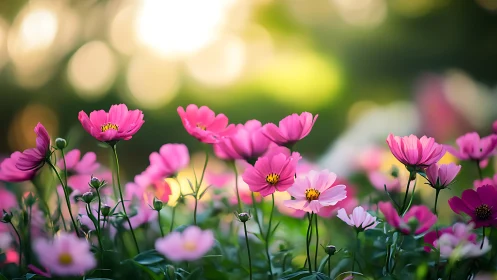 Cosmos Blossoms Glowing in Golden Light.