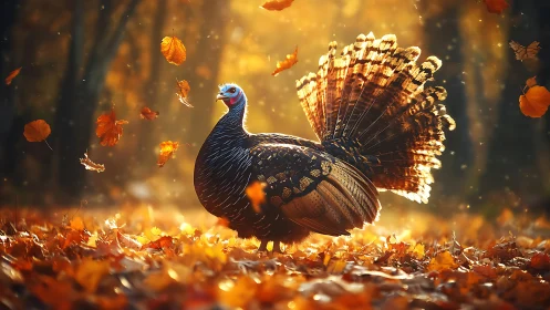 Turkey bird standing in autumn forest with falling leaves.