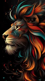 Firelit lion profile with flowing abstract neon mane.