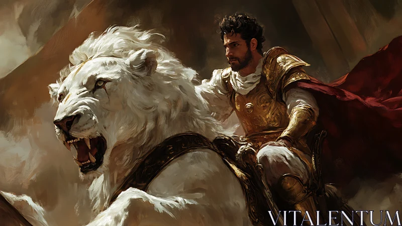 Armored warrior riding roaring white lion in battle scene.