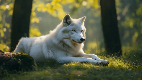 White wolf rests alert in sunlit forest clearing