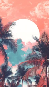 Chromatic palm canopy against oversized solar disk skyframe.